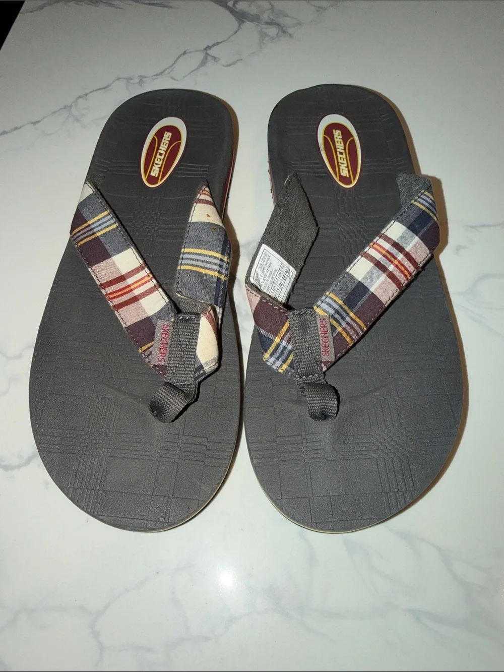 Skechers Plaid Multi-Color Strap Flip Flops - Gray Footbed